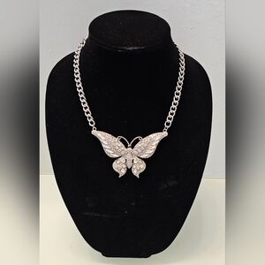 Y2K Silver-Tone Crystal Butterfly Statement Necklace Chunky Curb Chain Rhineston